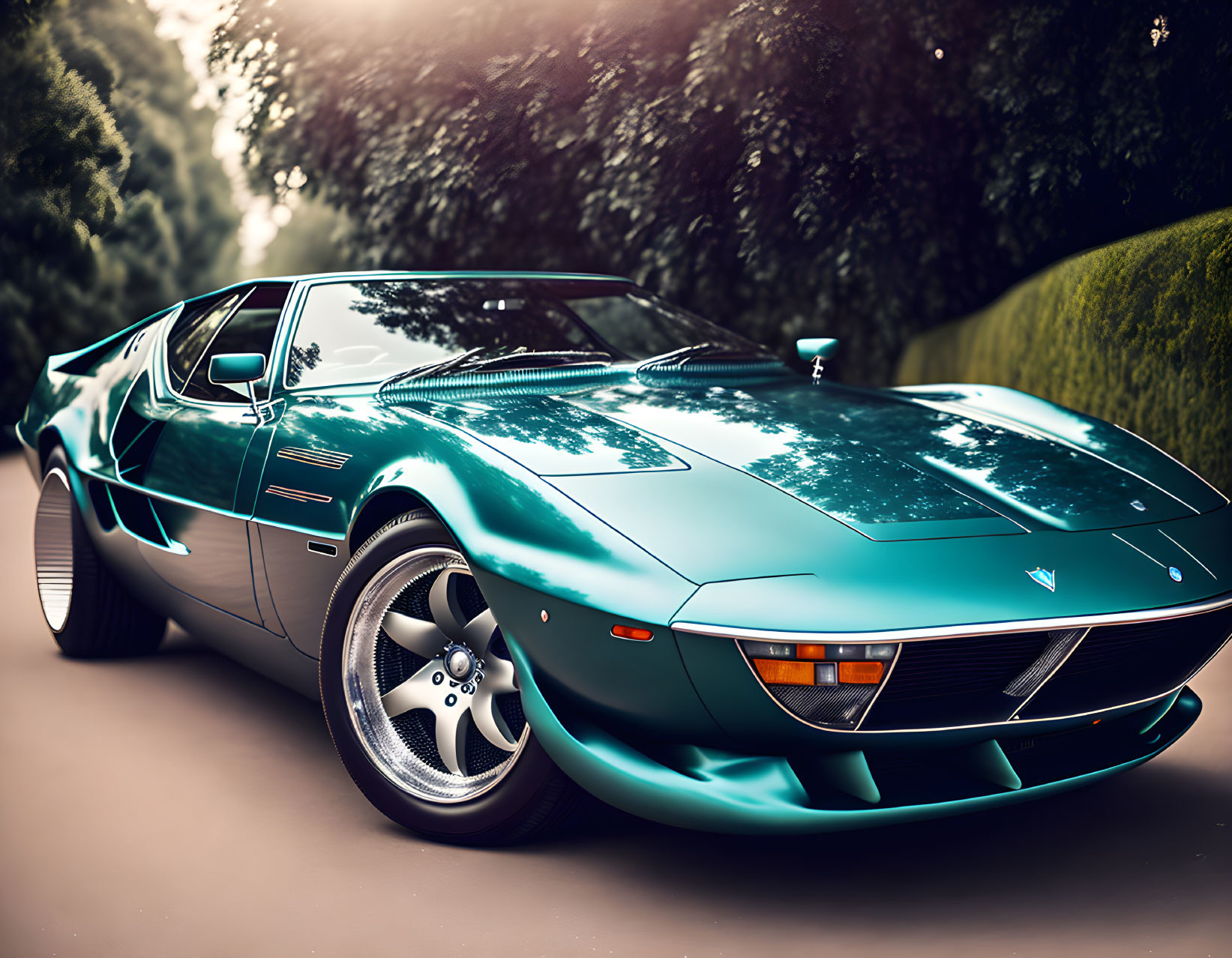 Teal Maserati Bora: Italian Sports Car with Pop-Up Headlights parked outdoors