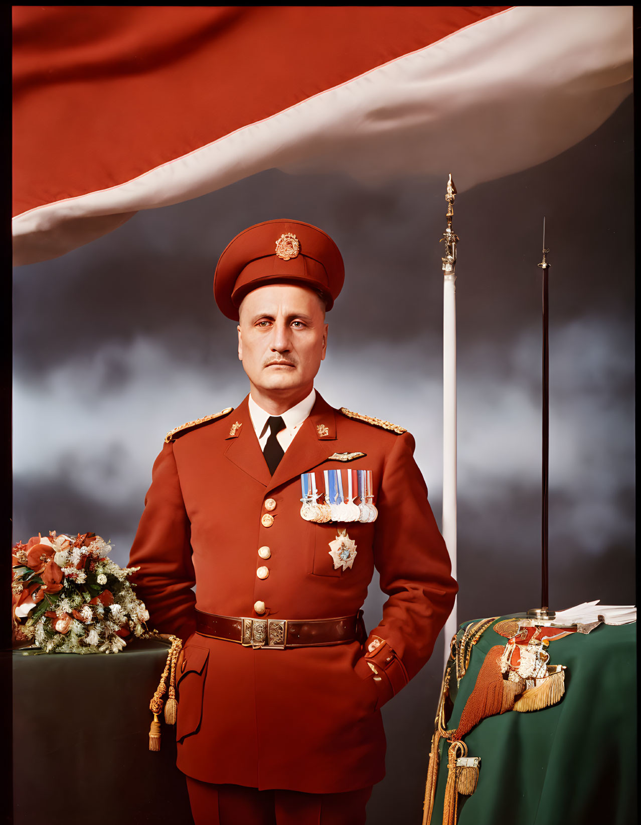 Military man in uniform with medals posing by flag and bouquet under cloudy sky