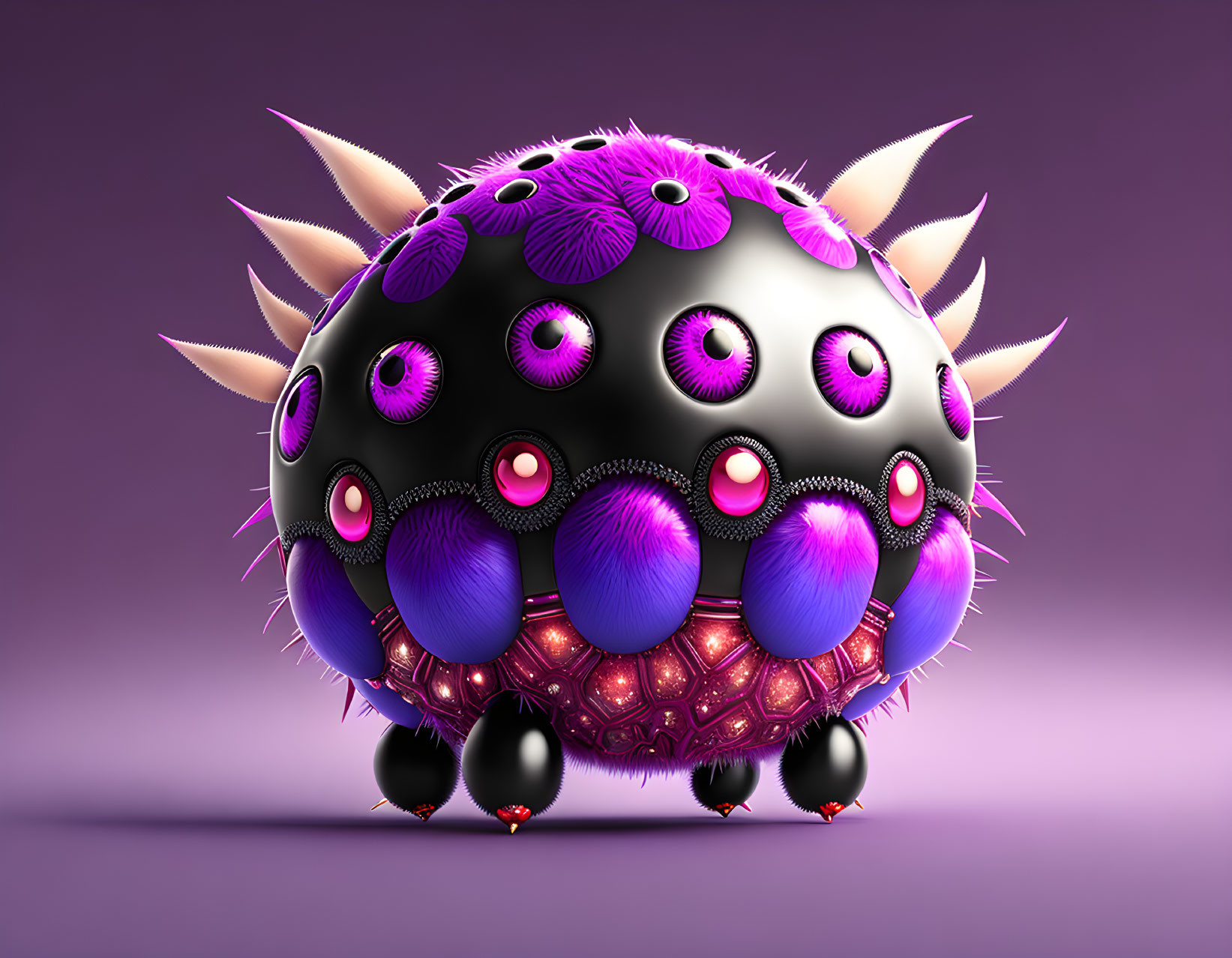 Colorful spherical creature with eyes, spikes, and furry spots on purple background