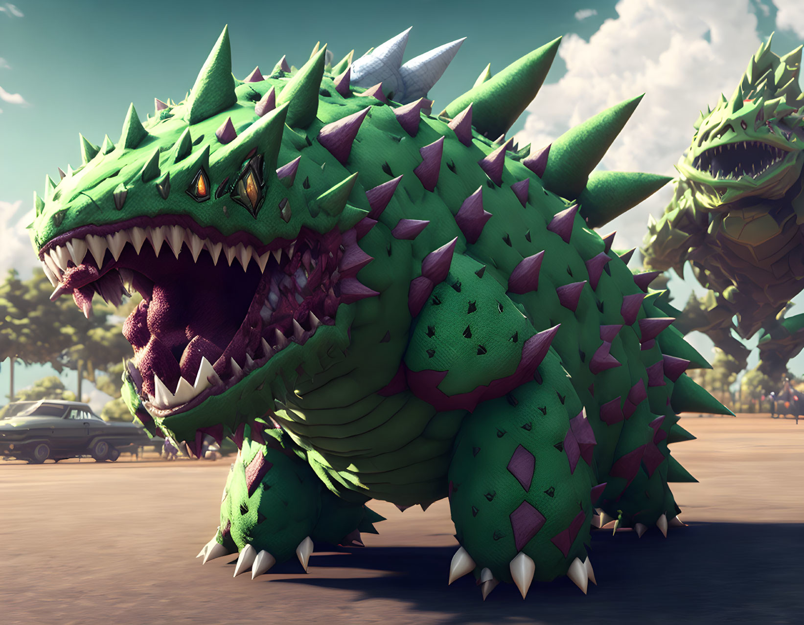 Menacing green dinosaurs with spikes and teeth on a road