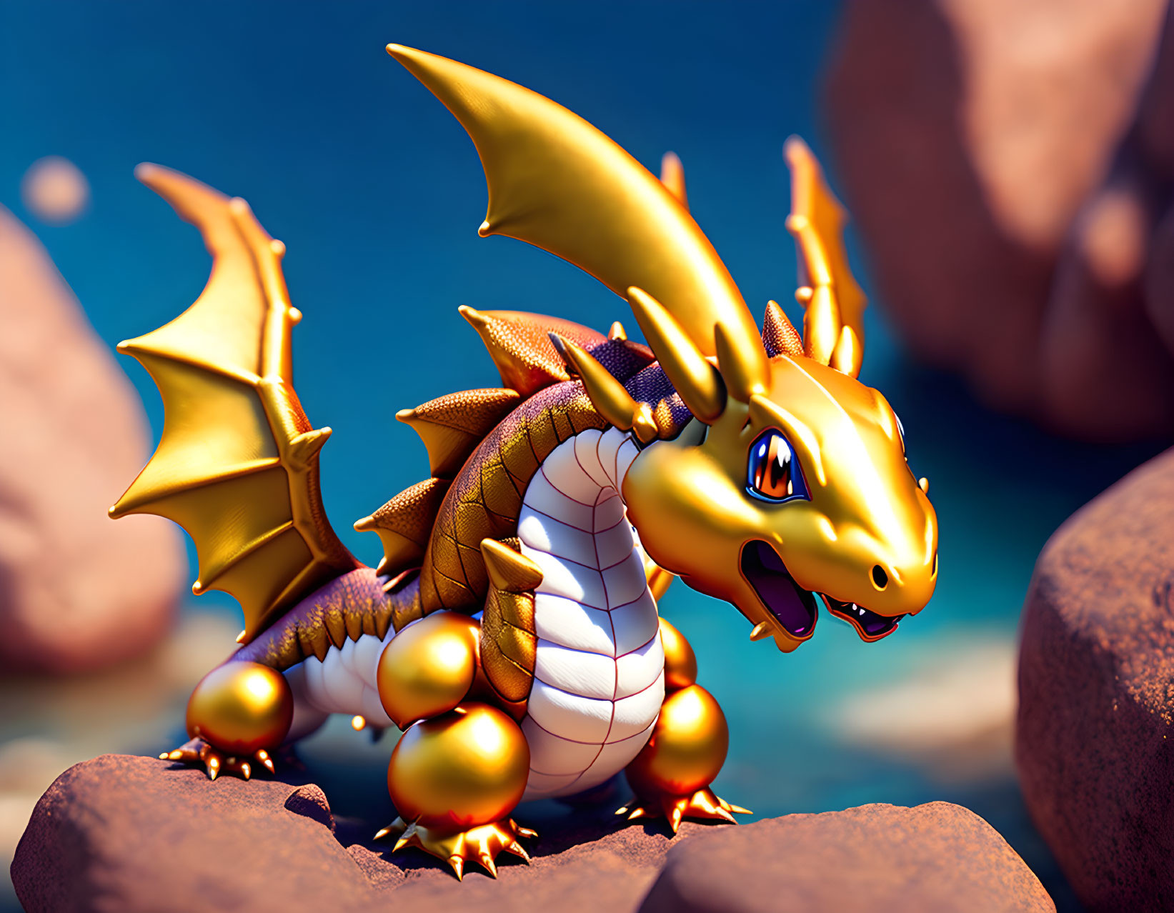 Golden Dragon with Wings on Rocks in 3D Render