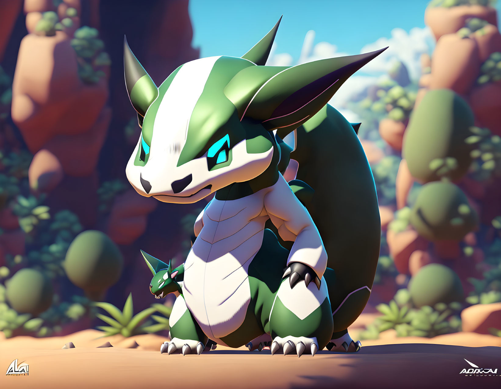 Stylized illustration of Aggron and Aron in desert landscape