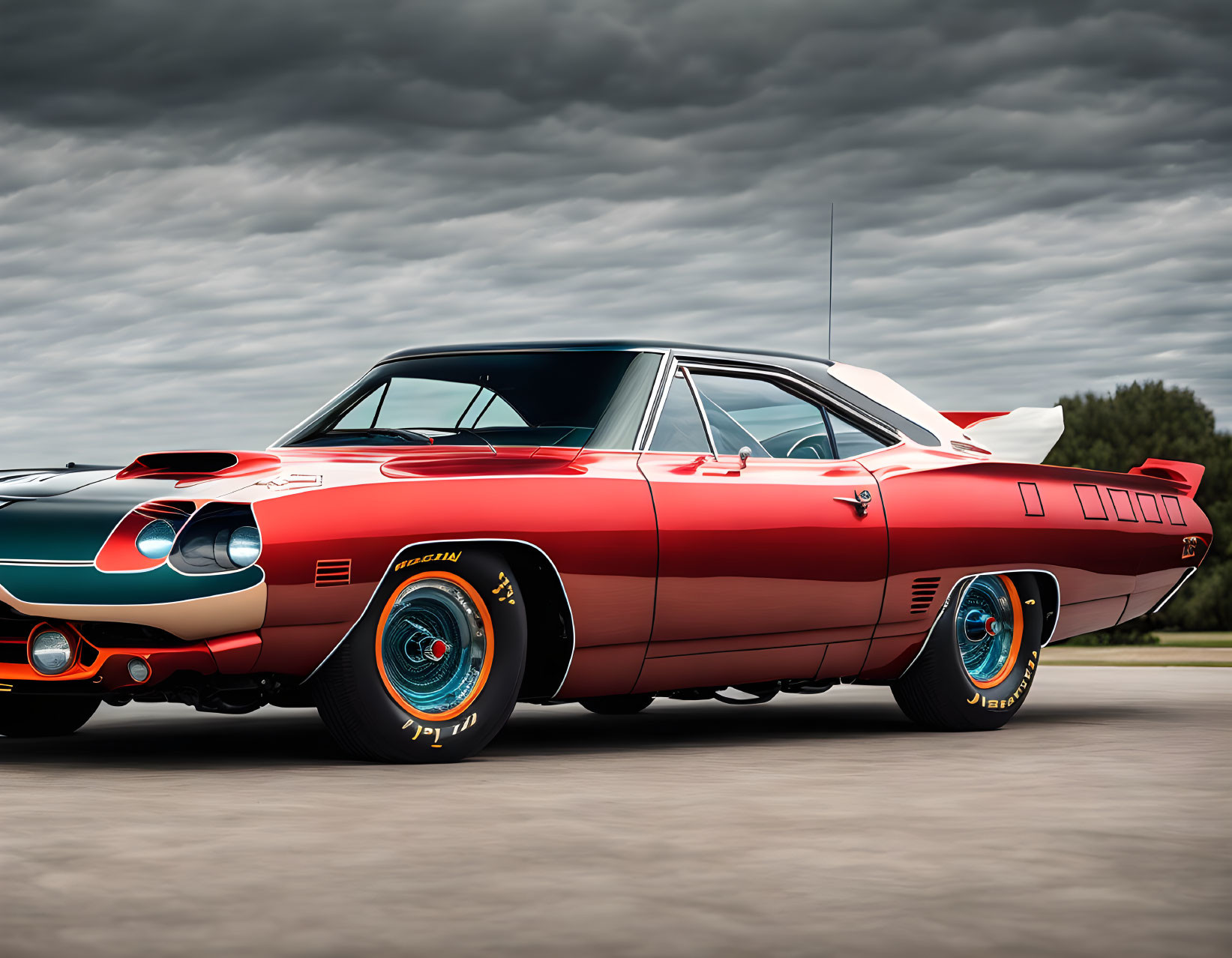 Red Muscle Car with Black Stripes, Hood Scoop, and Spoiler on Road