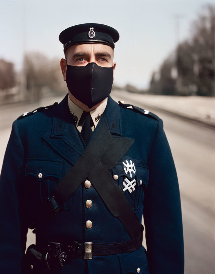 Decorated Military Uniform with Medals and Black Mask Standing on Empty Road