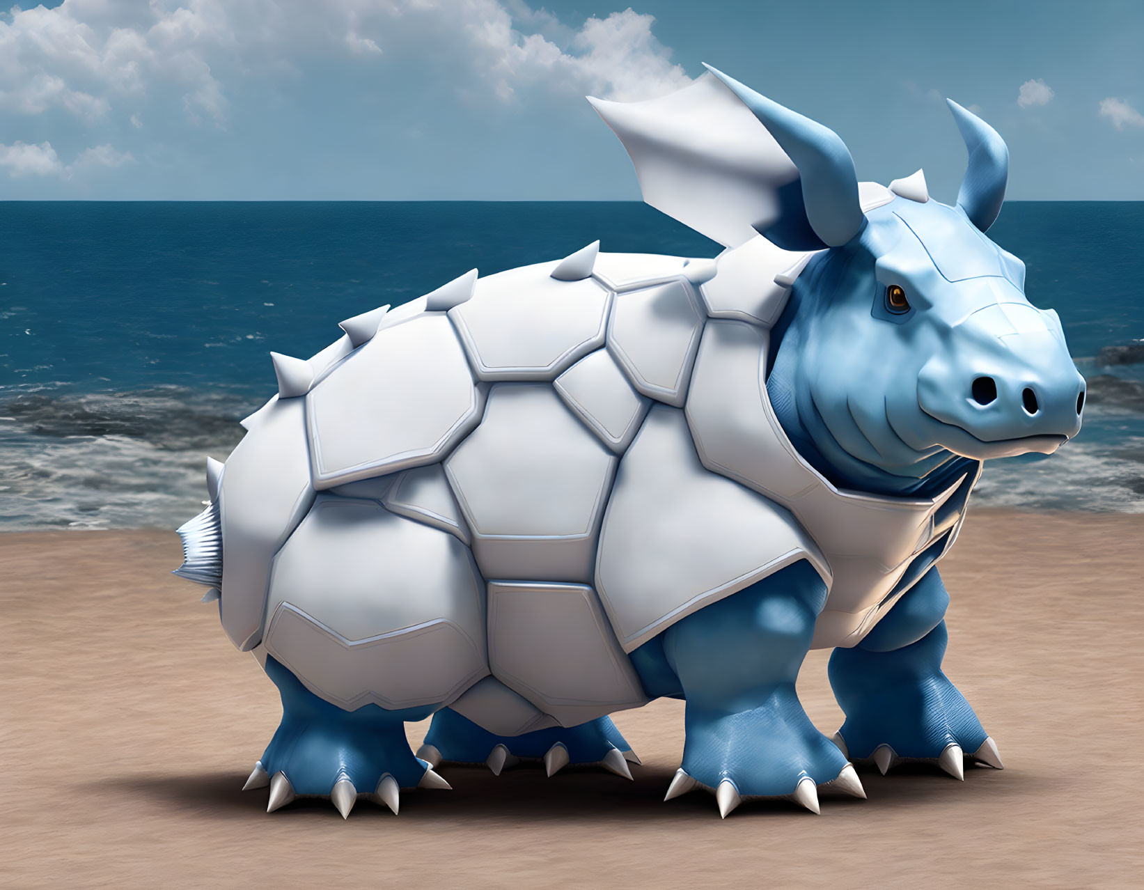 Fantastical armored armadillo creature on beach with blue skin