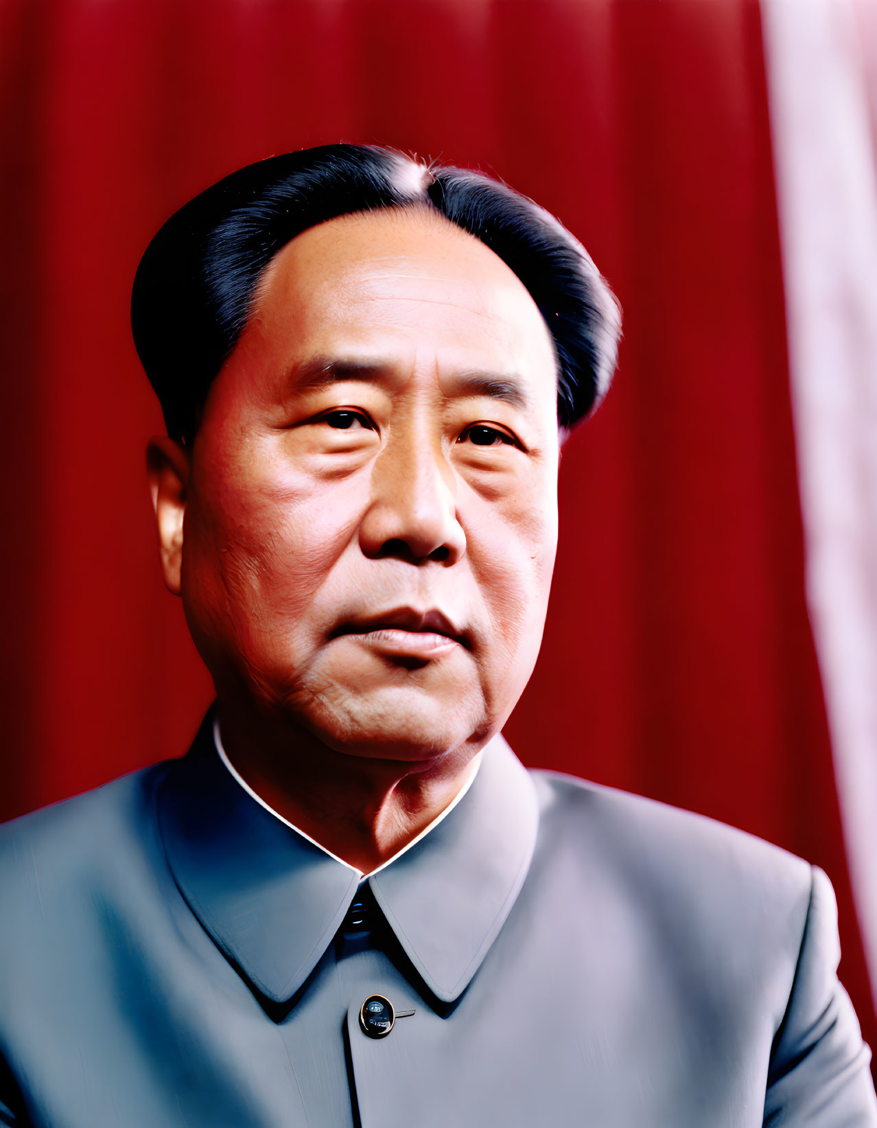 Man with Slicked-Back Hair in Gray Mao Suit on Red Background