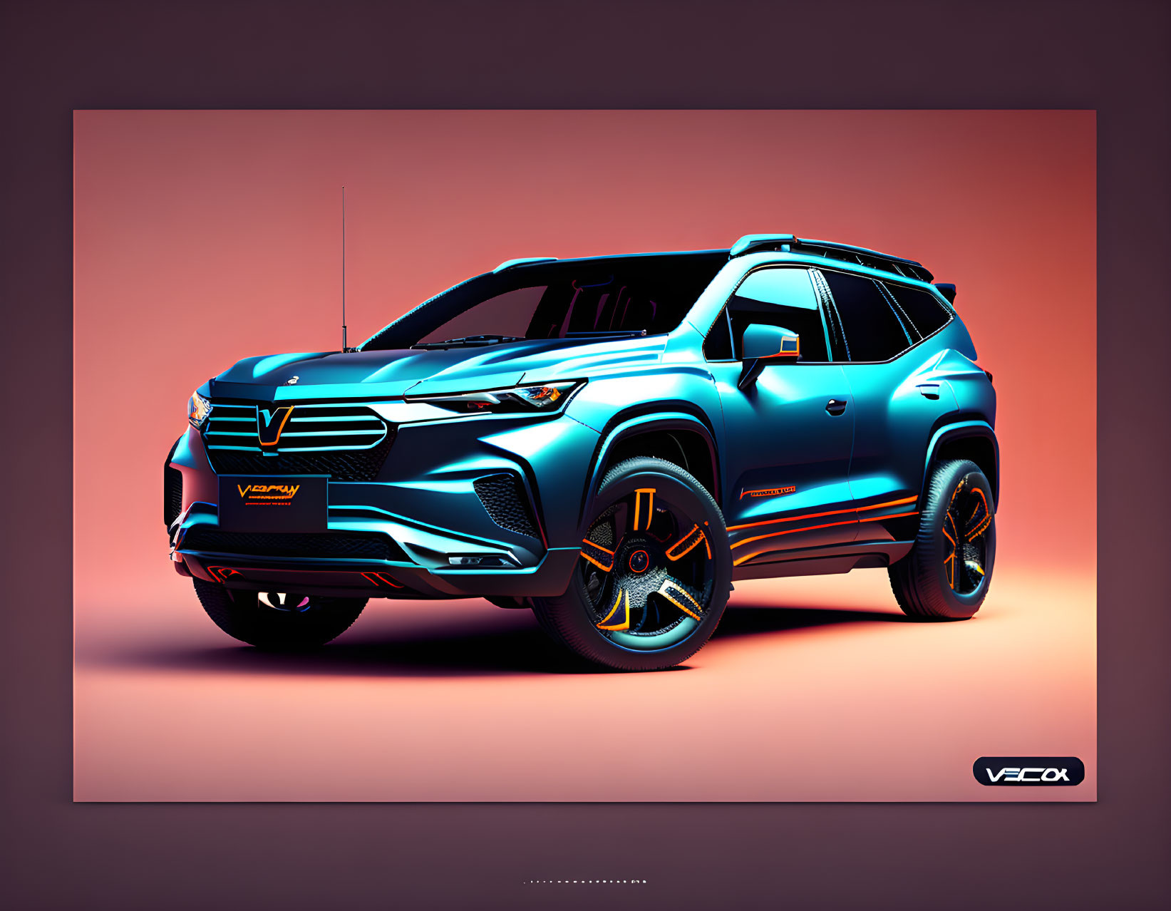 Blue SUV with Orange Accents on Purple Gradient Background