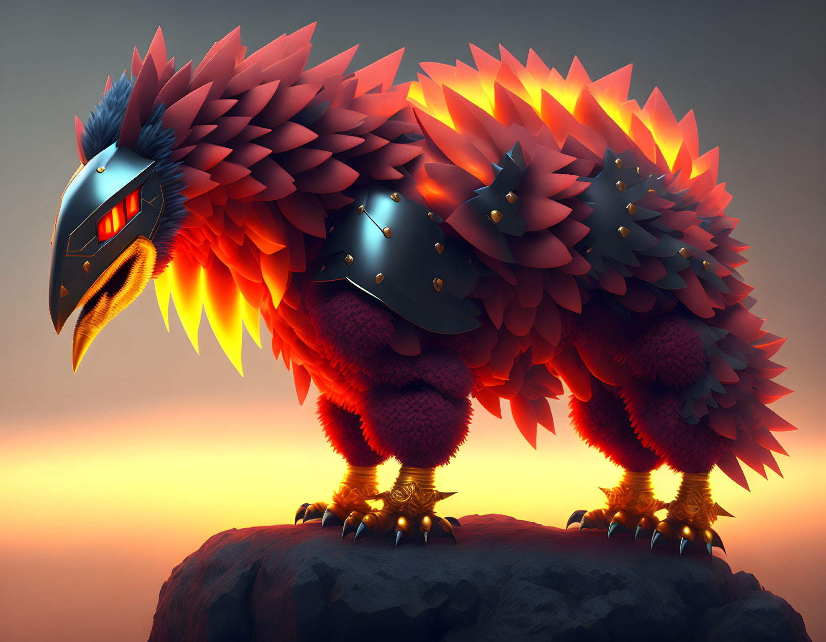 Armored bird-like creature perched on rock at dusk