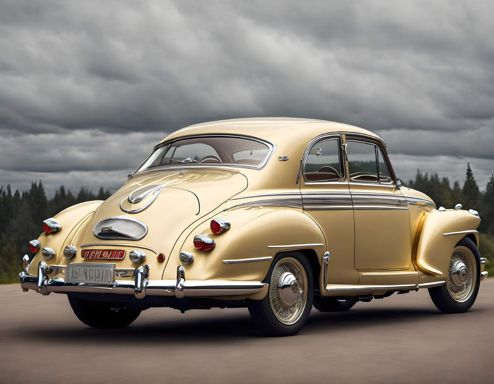 Vintage Yellow Car with Chrome Accents and White-Wall Tires on Roadway