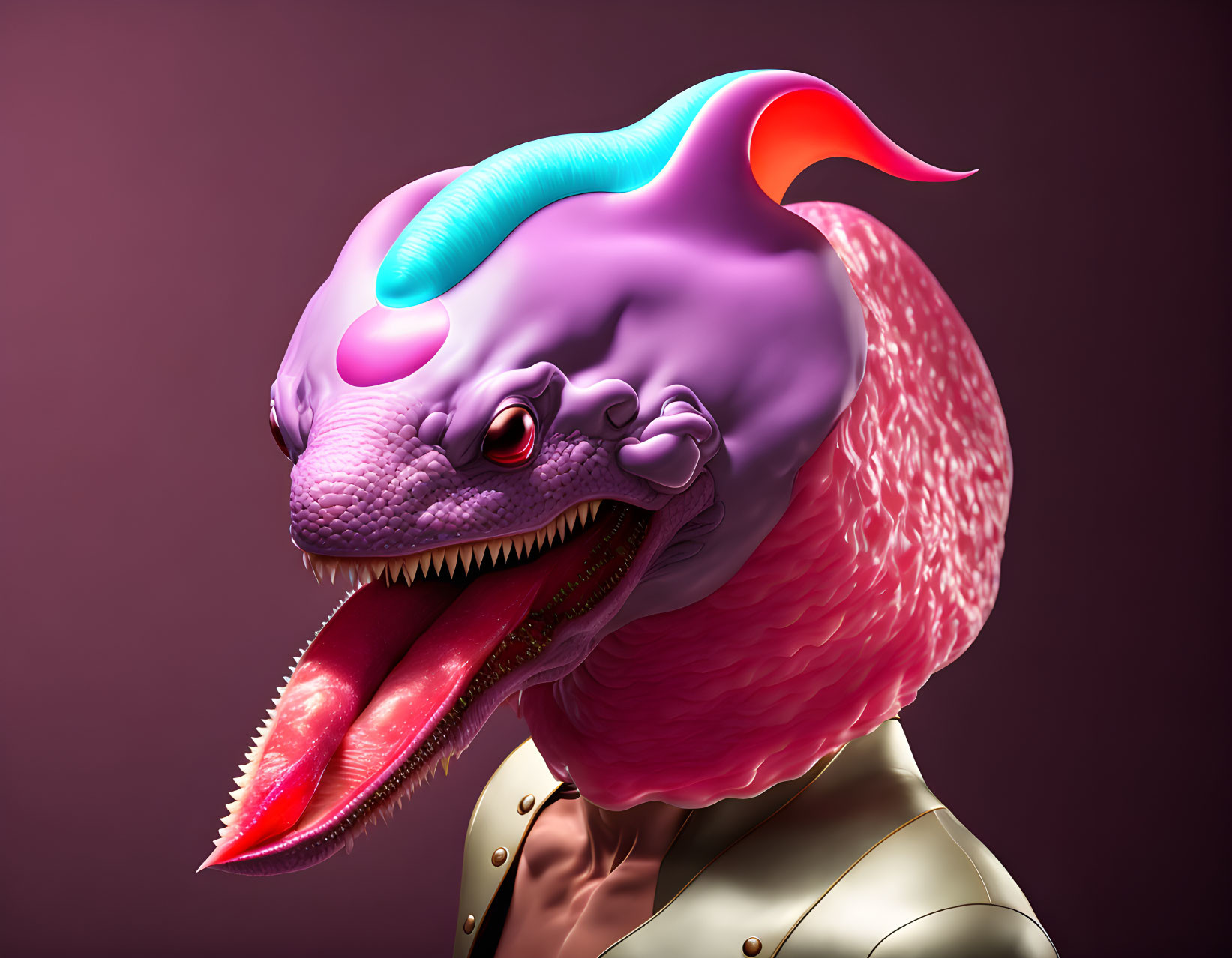 Colorful Dinosaur Illustration with Purple Head and Leather Jacket