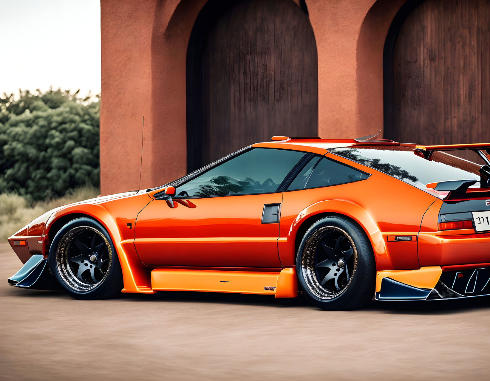 Sleek Orange Sports Car with Rear Spoiler and Black Rims Parked by Arched Building