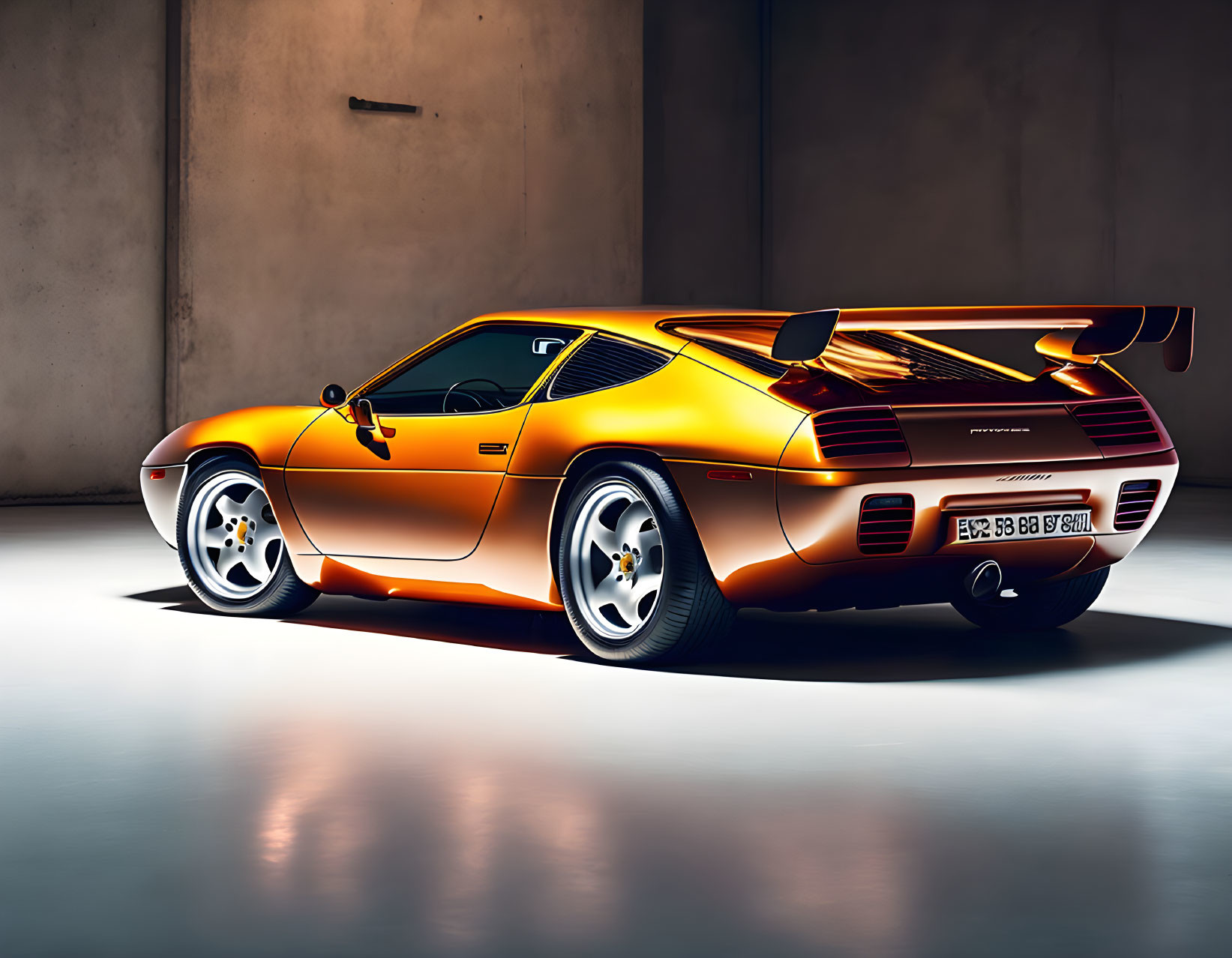 Vibrant orange sports car with rear spoiler and side air intakes in studio setting