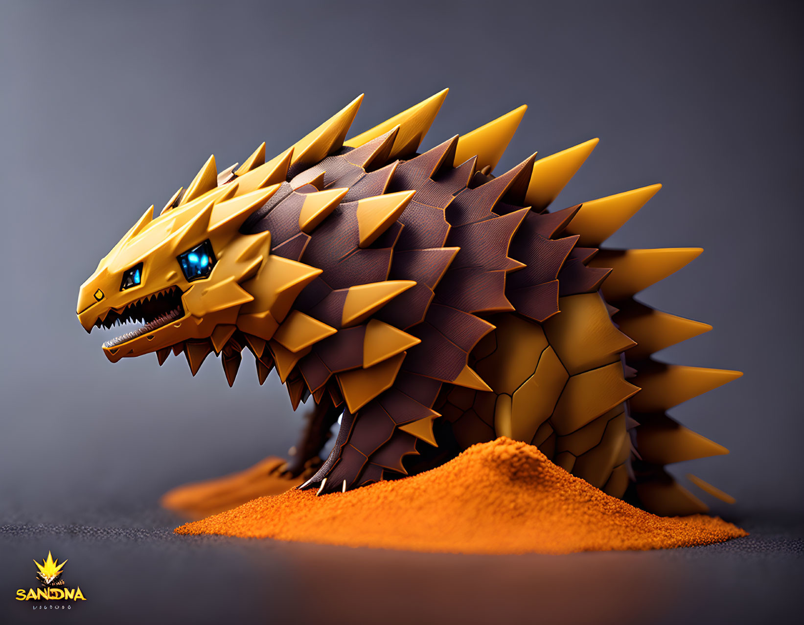 Stylized 3D-rendered lizard creature in golden-brown color with blue eyes and sp