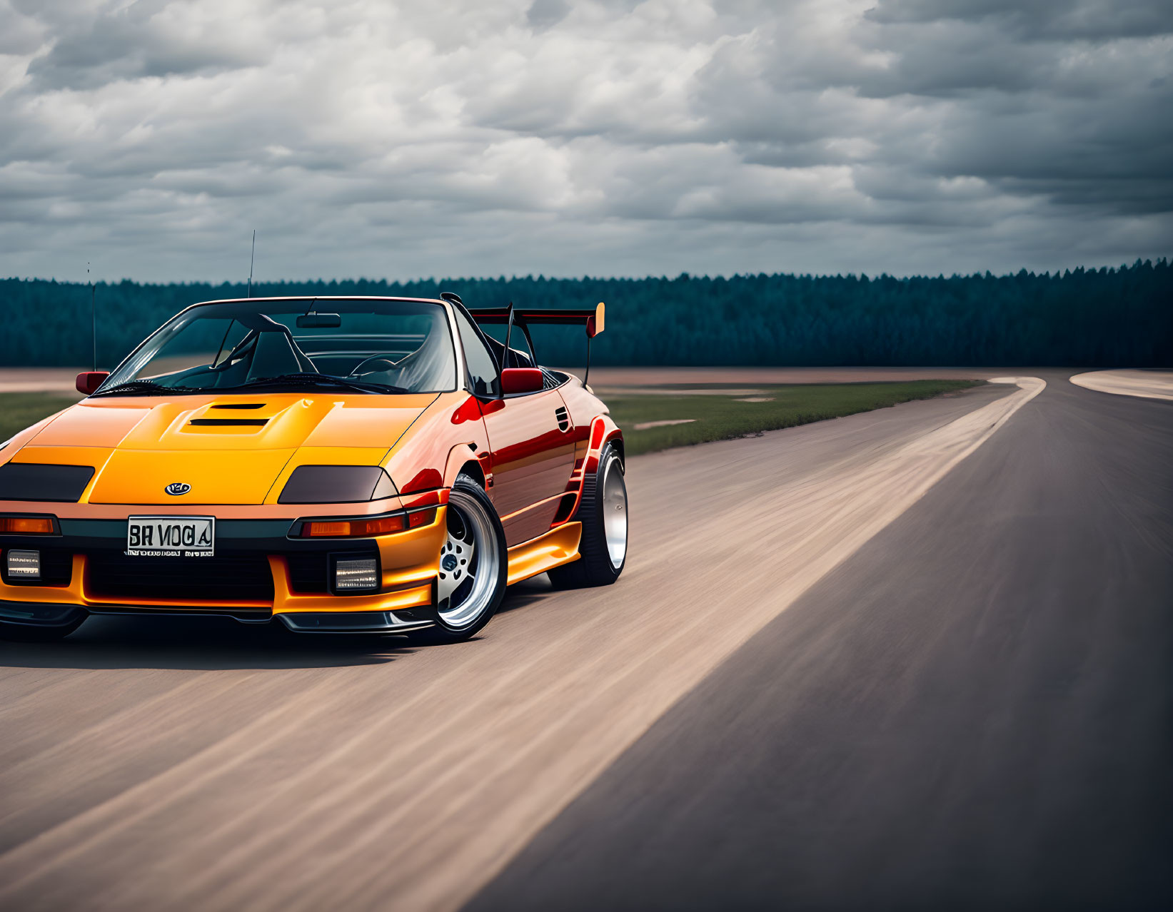 Vibrant Orange Sports Car Racing on Forest Racetrack