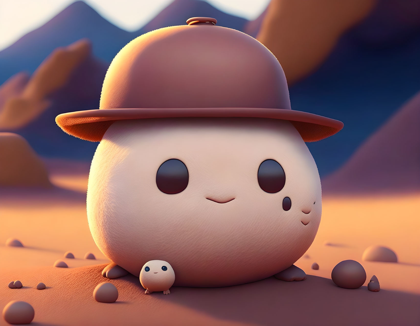 Stylized 3D animation of smiling egg characters in desert landscape