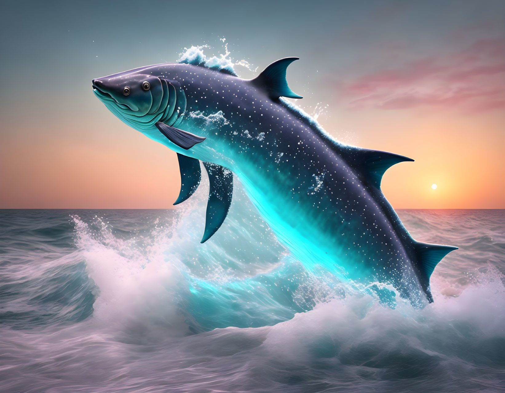 Giant starry shark leaping from ocean at sunset