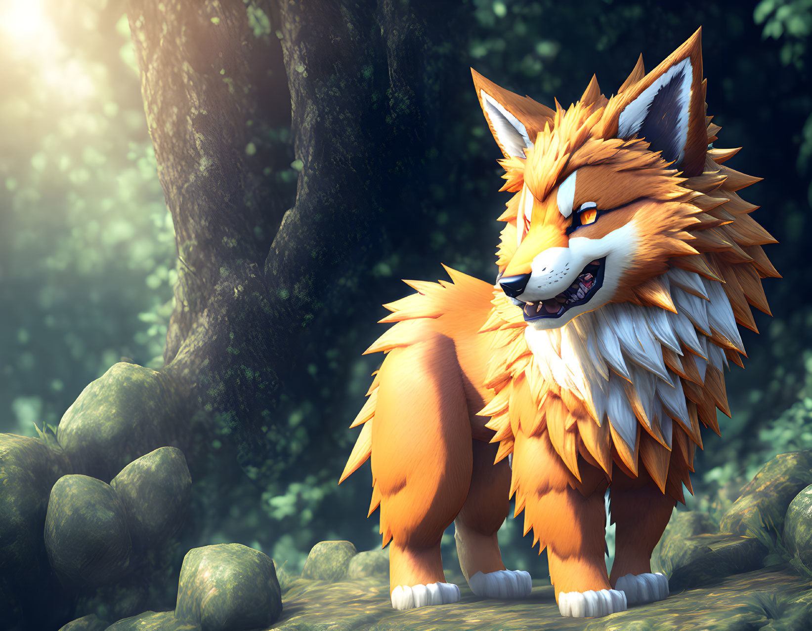 Stylized animated orange fox in sunlit forest with lush green background