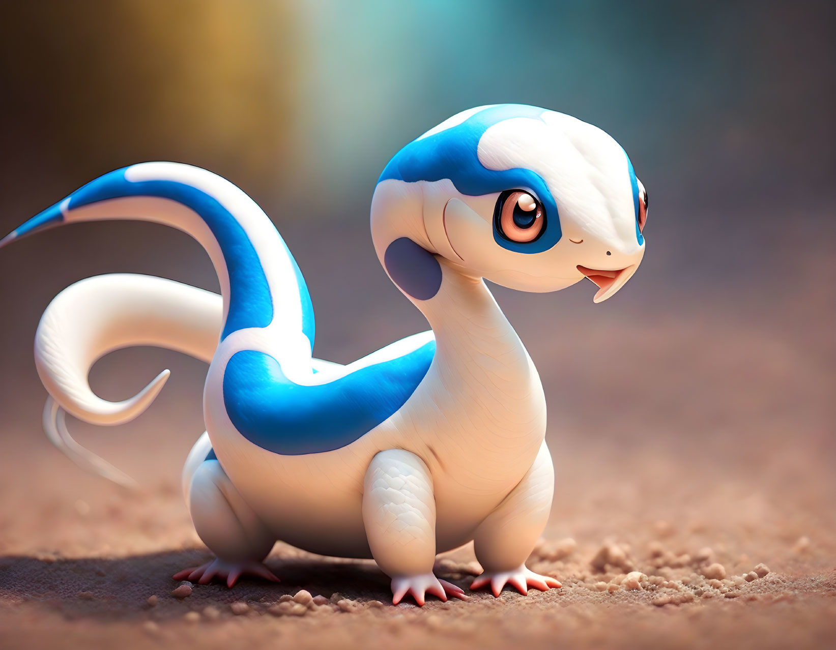 White and Blue Dragon-Like Creature on Dirt Path with Warm Glow