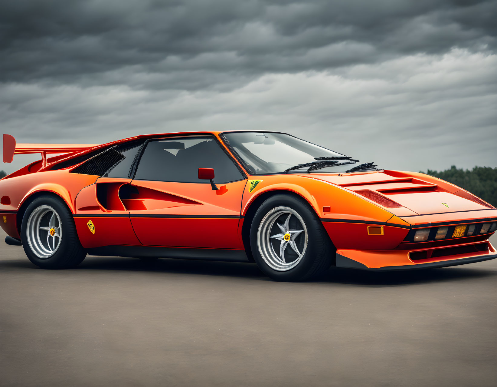 Red Ferrari 288 GTO with side slits and rear spoiler against cloudy sky