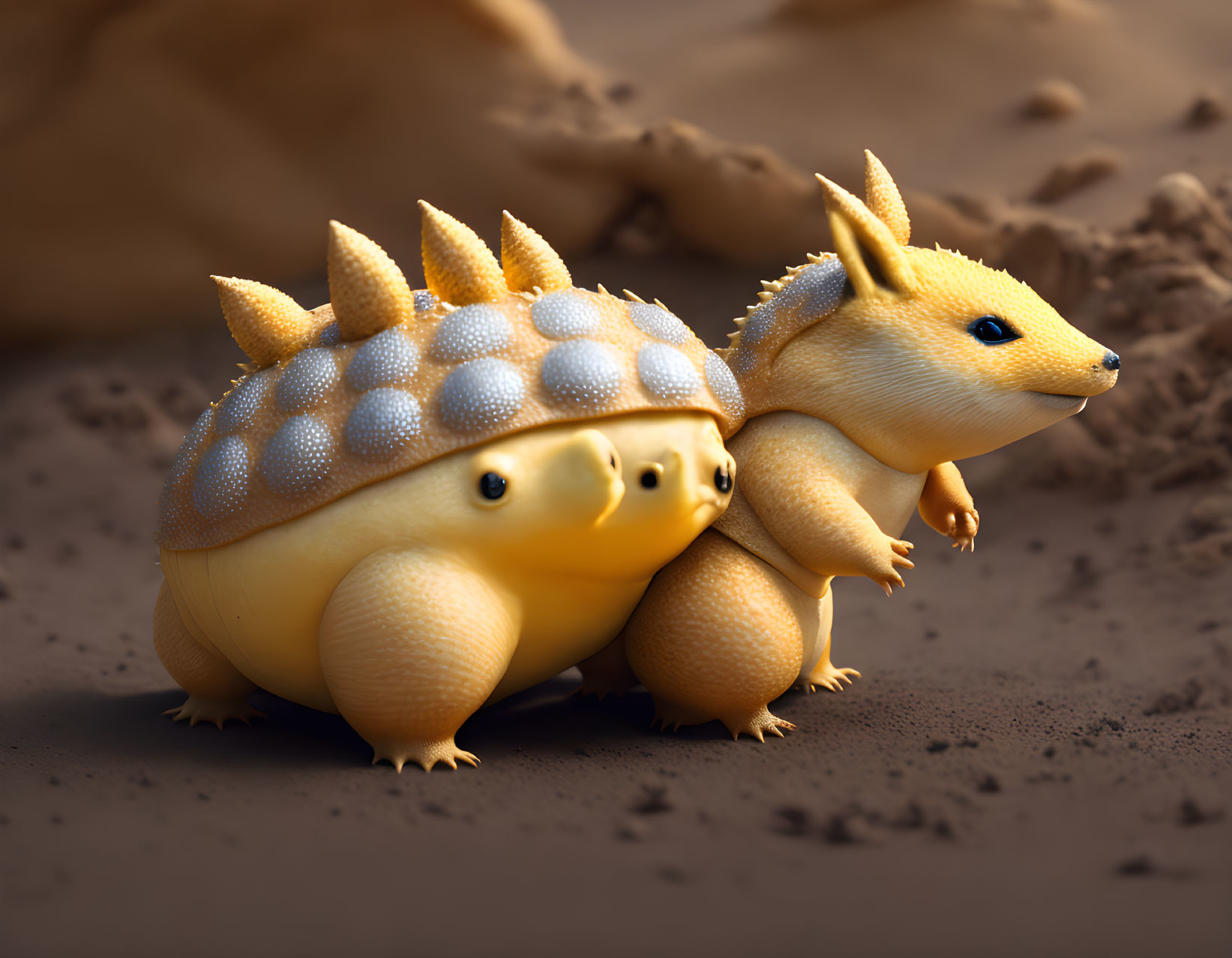 Stylized fantasy armadillo-dinosaur creatures in desert landscape