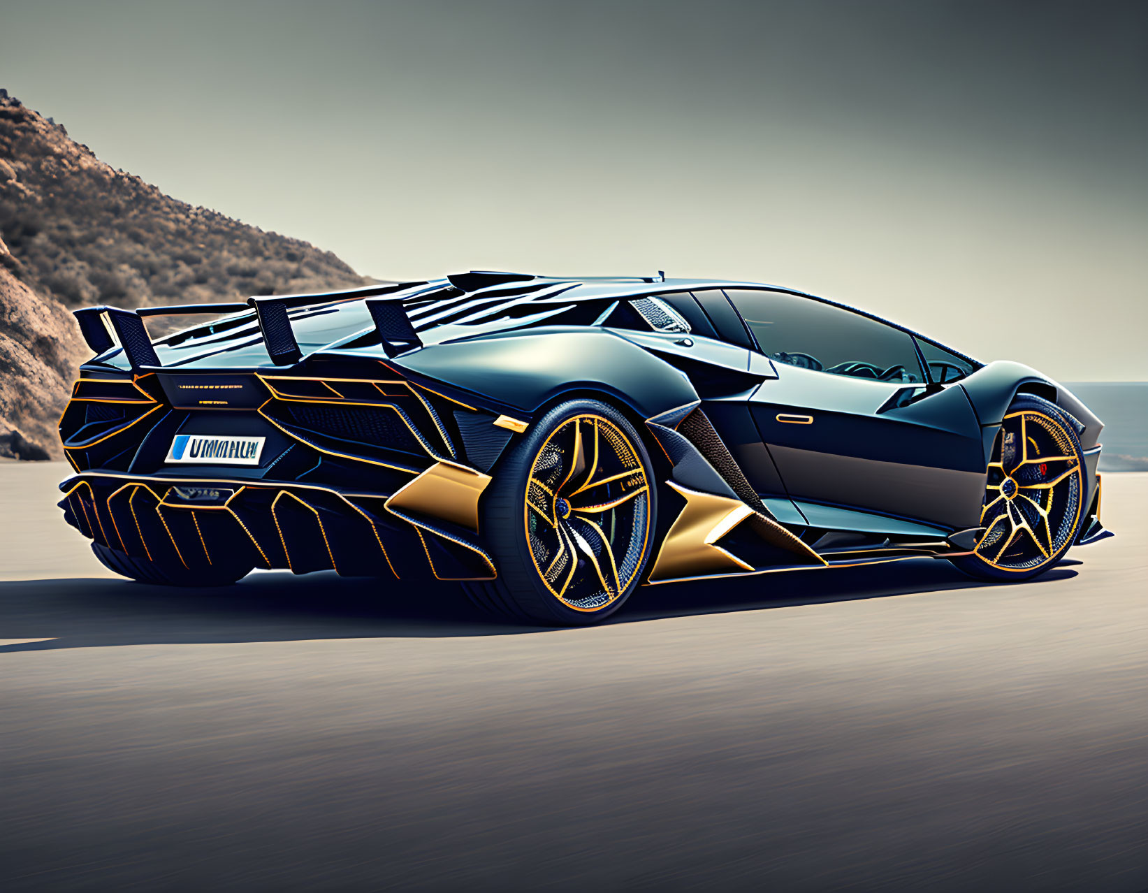 Black and Gold Lamborghini Sports Car on Coastal Road