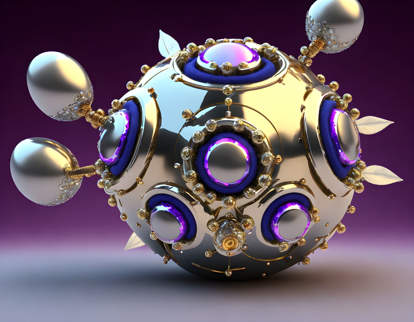 Metallic spherical object with golden and purple accents and orb-like protrusions