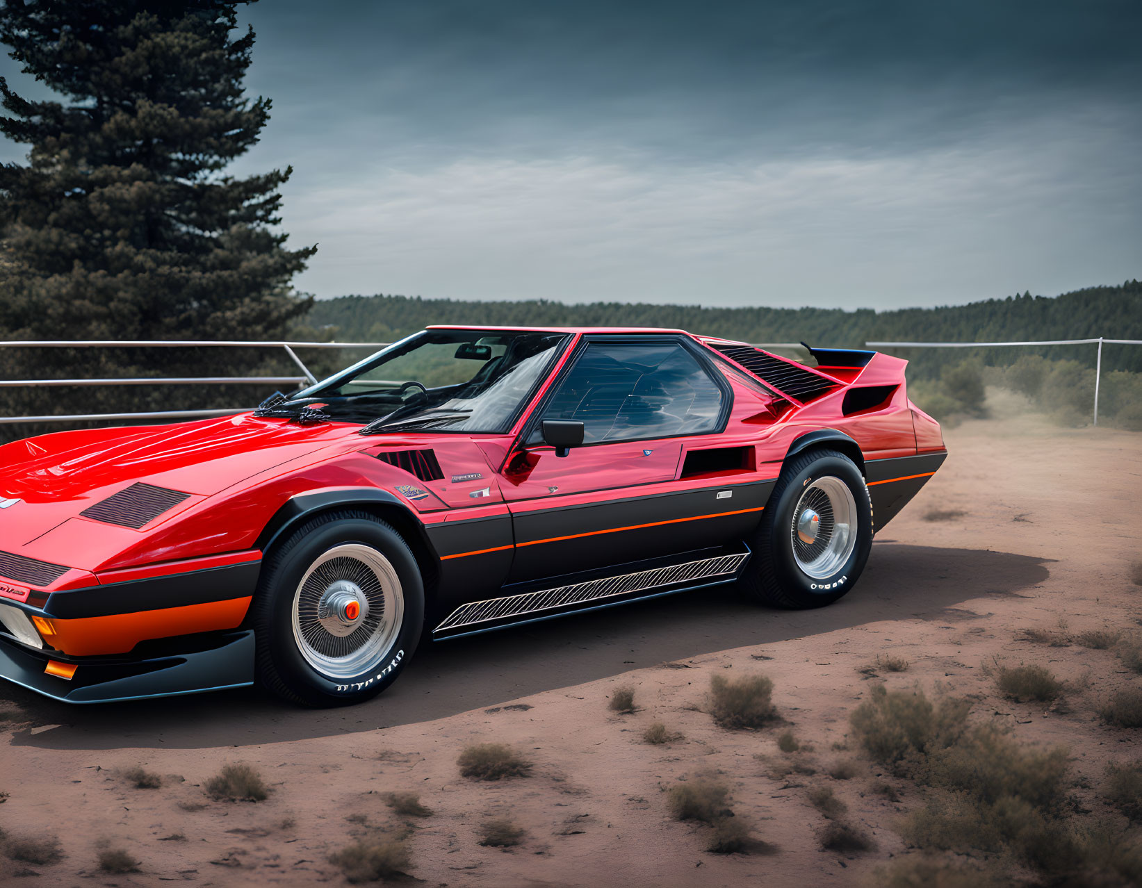 Vintage red sports car with black trim parked on dirt road among trees under cloudy sky