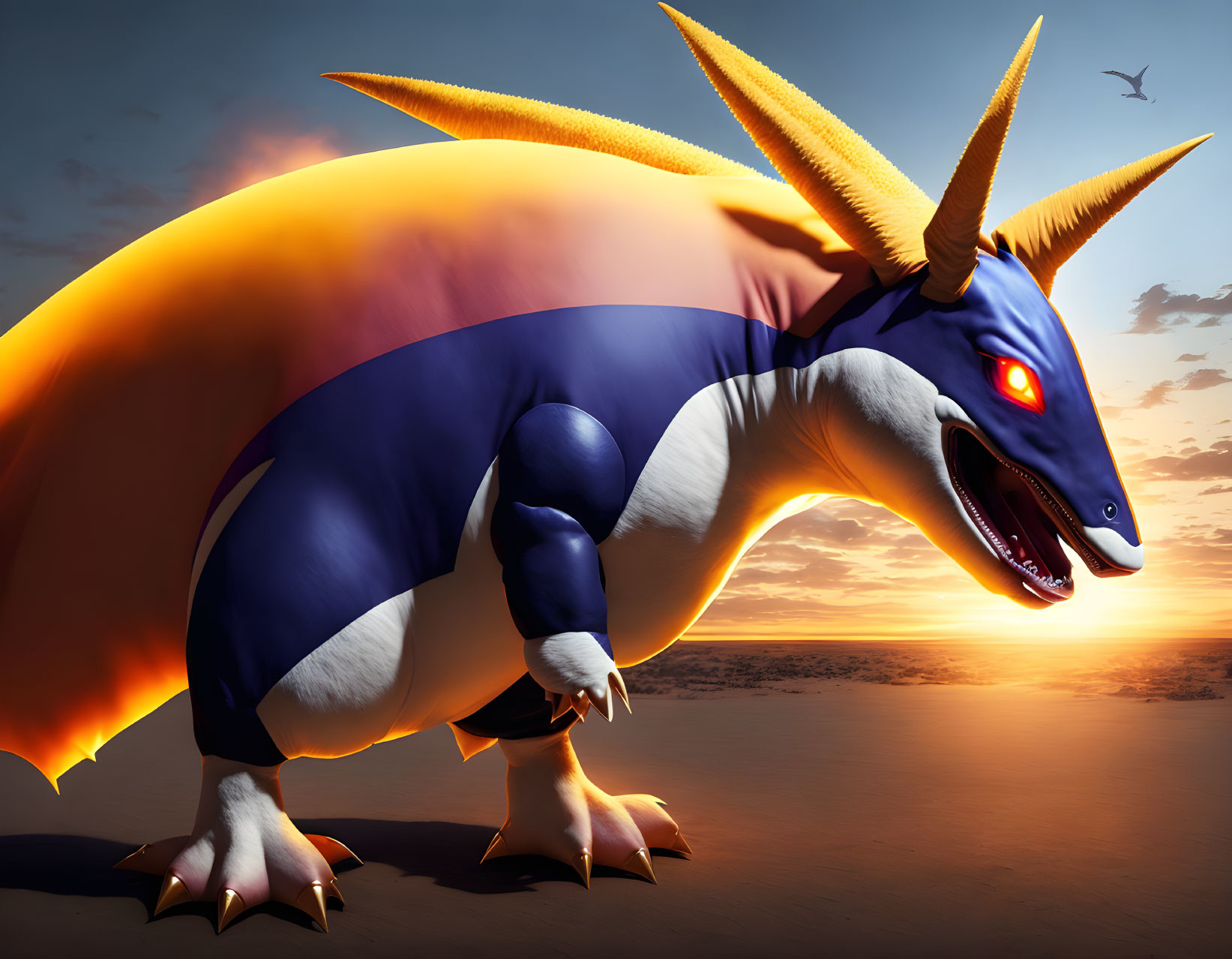 Vibrant dragon-like creature with yellow spikes and red eyes in sunset scene