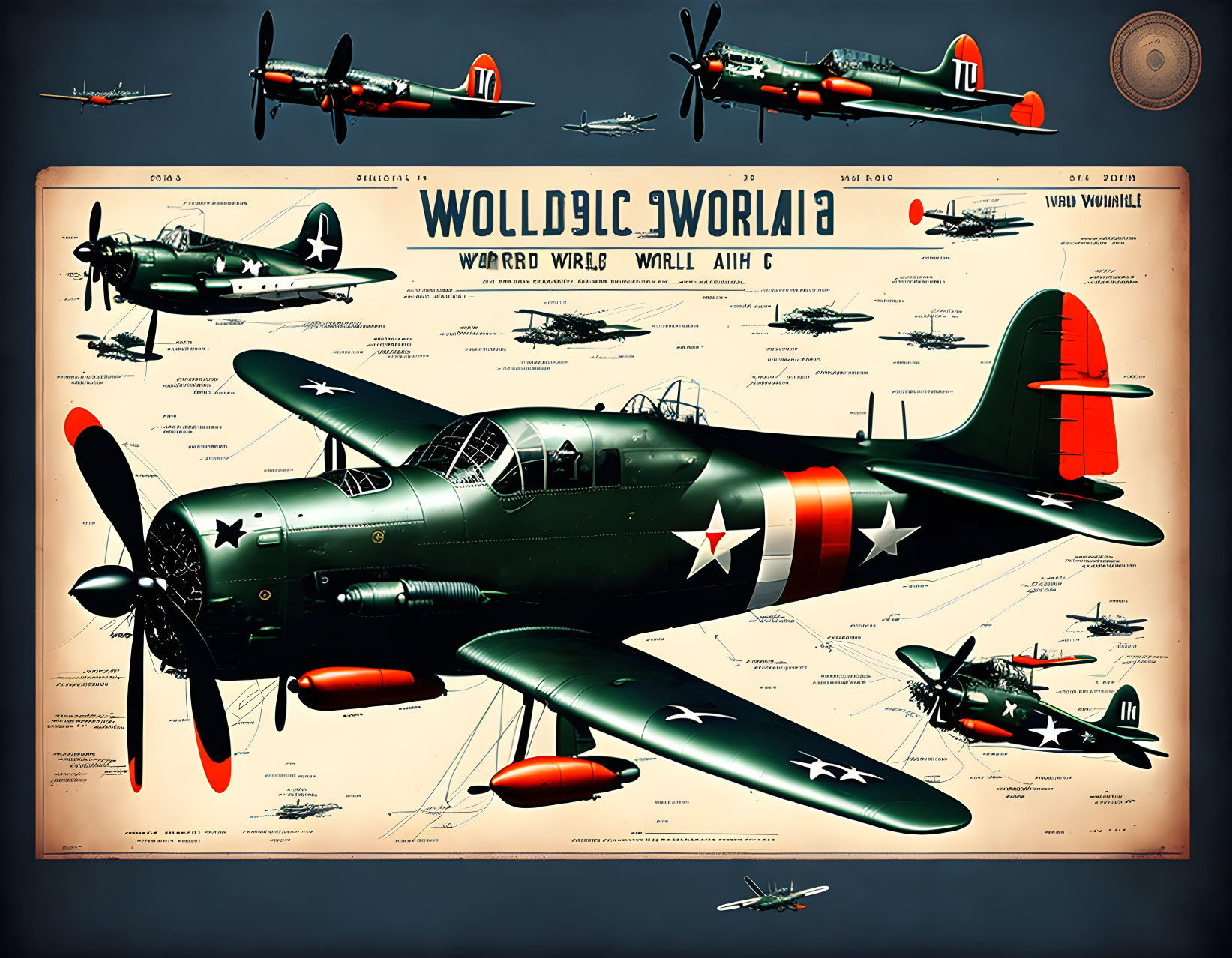 Vintage-Style World War II Fighter Aircraft Poster with Annotated Specifications