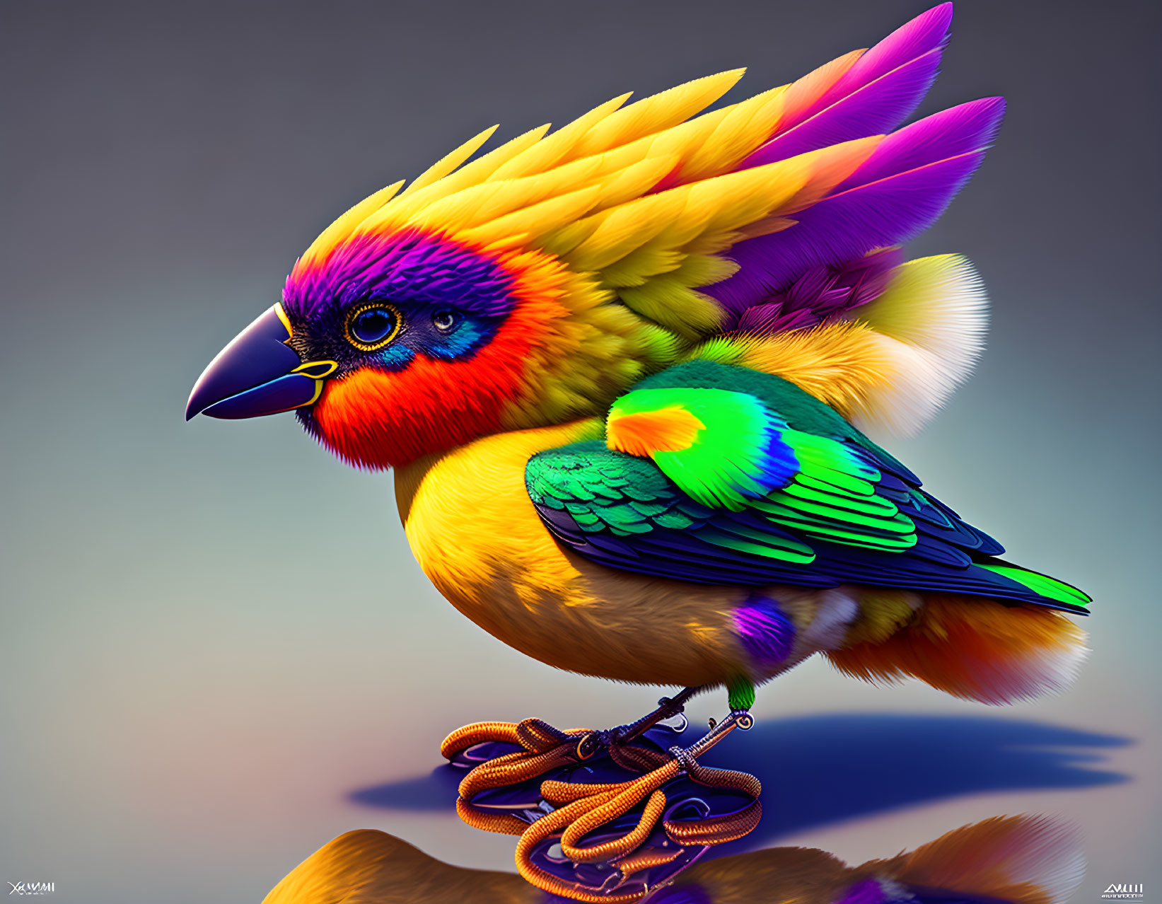 Vibrant bird with rainbow feathers and boots on gradient backdrop