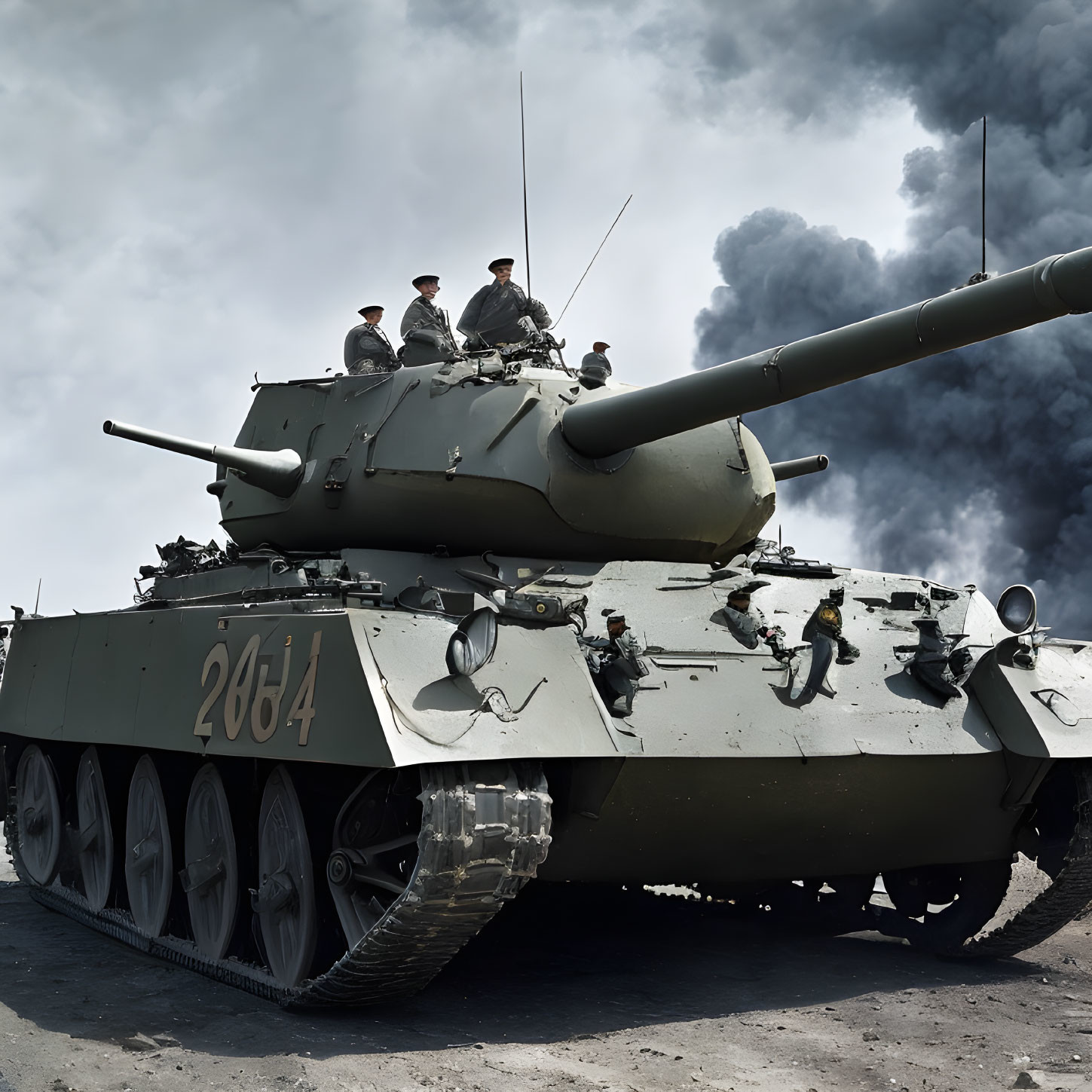 Modern Main Battle Tank with Three Crew Members and Smoke Plumes