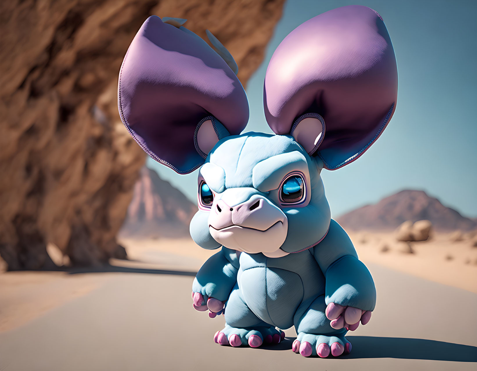 Stylized 3D Animation: Creature with Oversized Ears in Desert