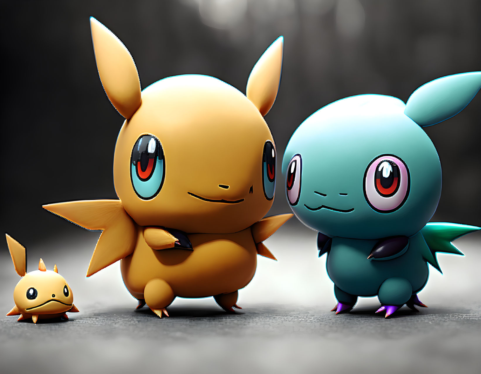 Three Pokémon Figures: Weedle, Eevee, Squirtle on Grey Background