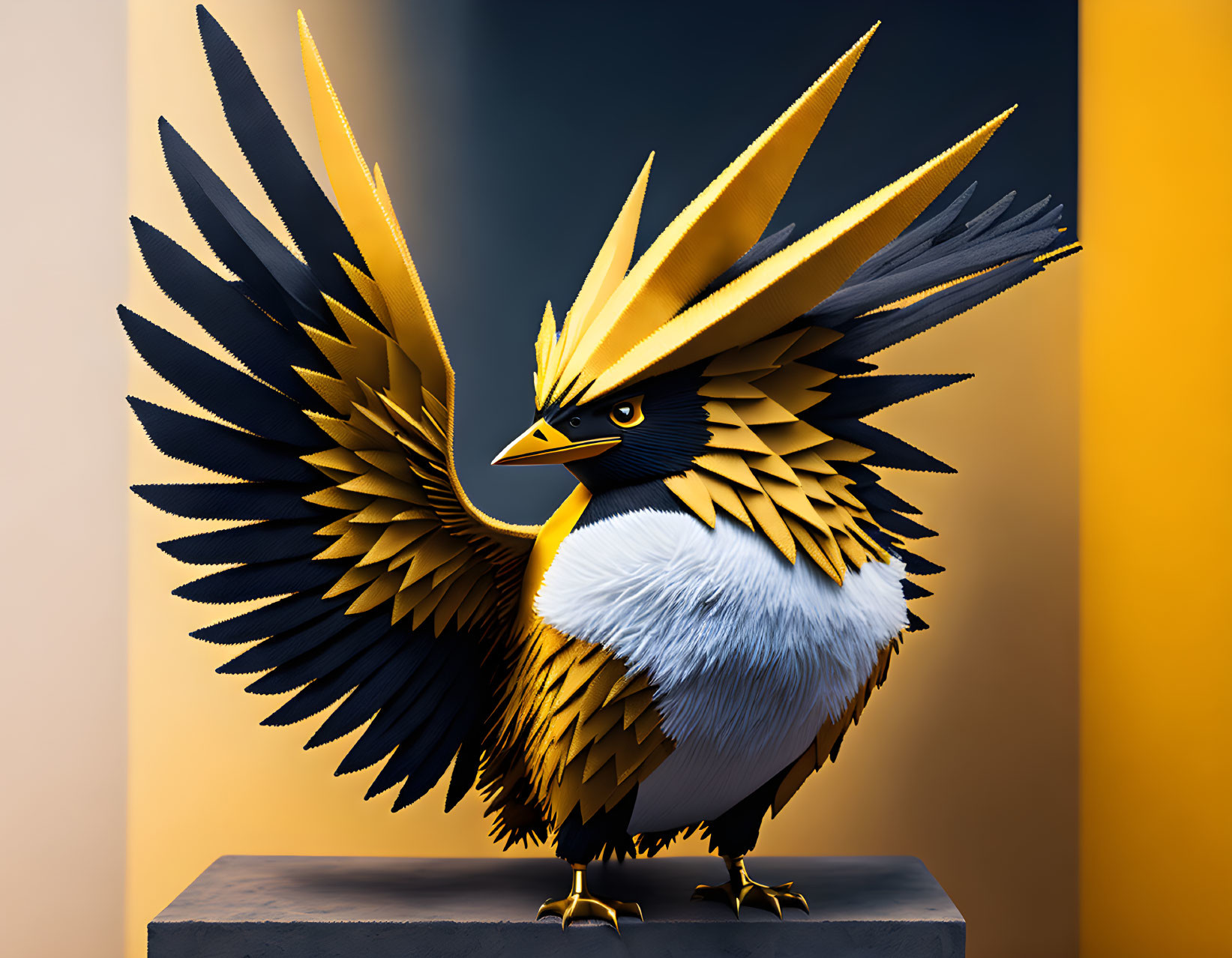 Majestic bird with yellow and black plumage on pedestal against yellow and gray background