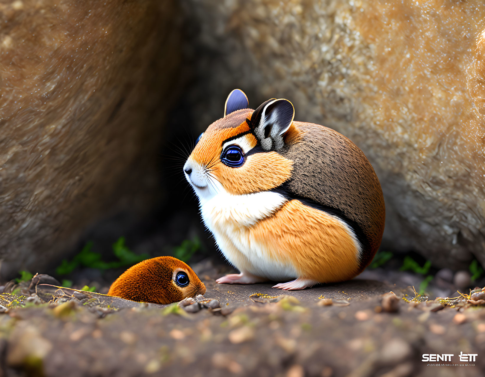 Whimsical large and small rodent on rock background