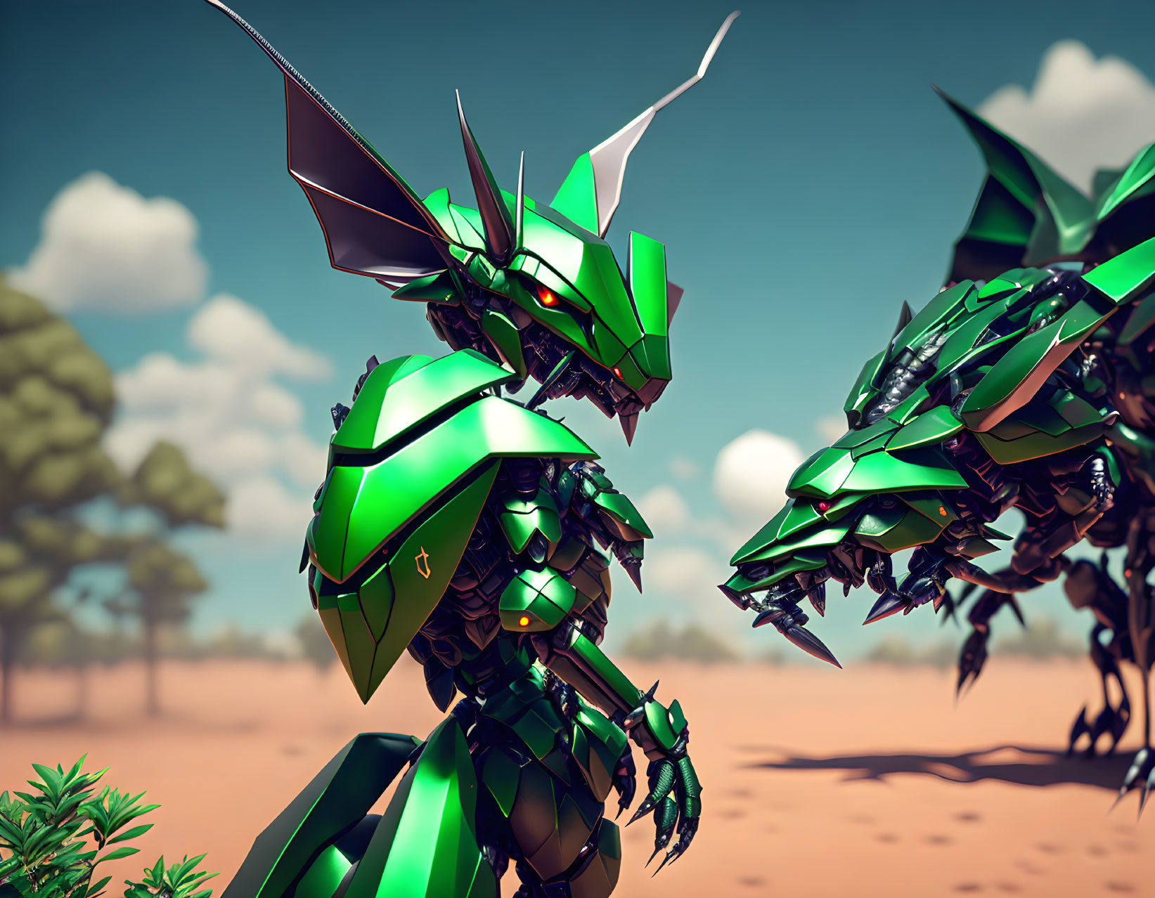 Two green dragon-like creatures in desert landscape with blue skies.