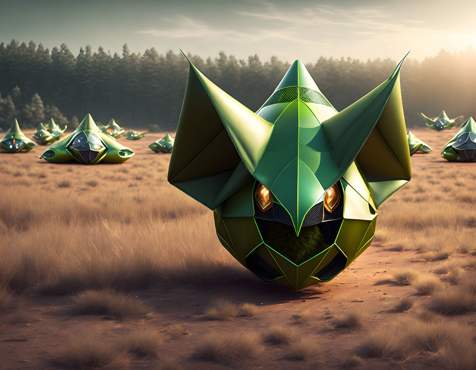 Geometric green creatures with orange eyes in a forest clearing