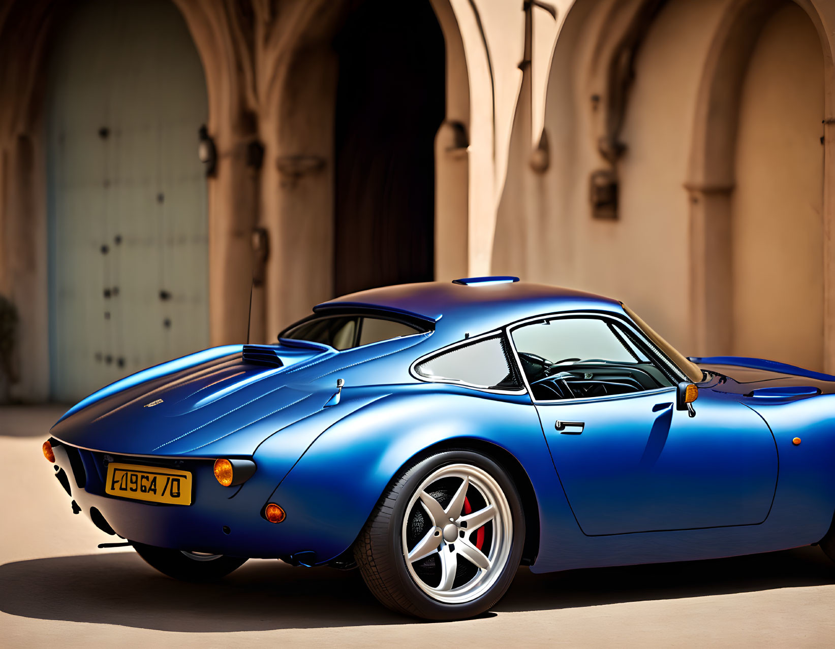 Vintage Metallic Blue Sports Car Parked in Front of Building with Archways