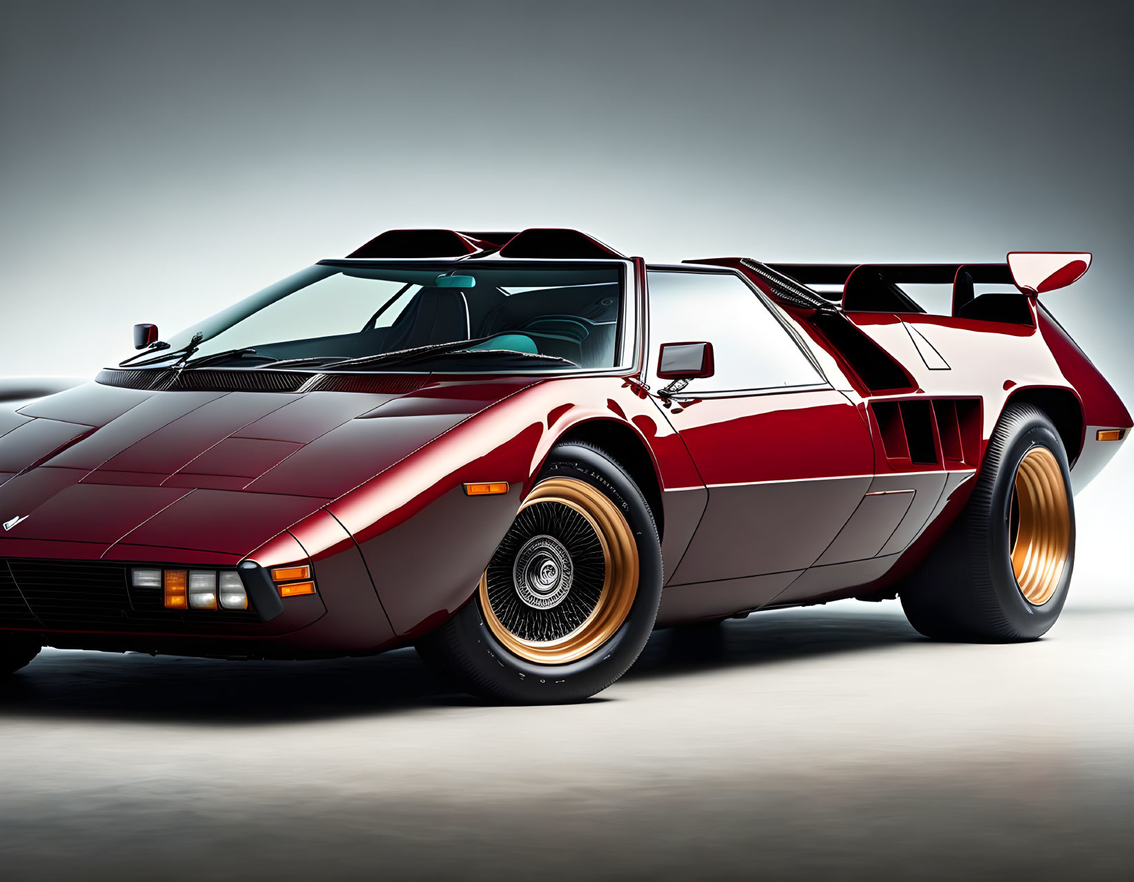 Vintage Red Sports Car with Wedge Shape, Pop-Up Headlights, and Gold Wheels in Studio Setting