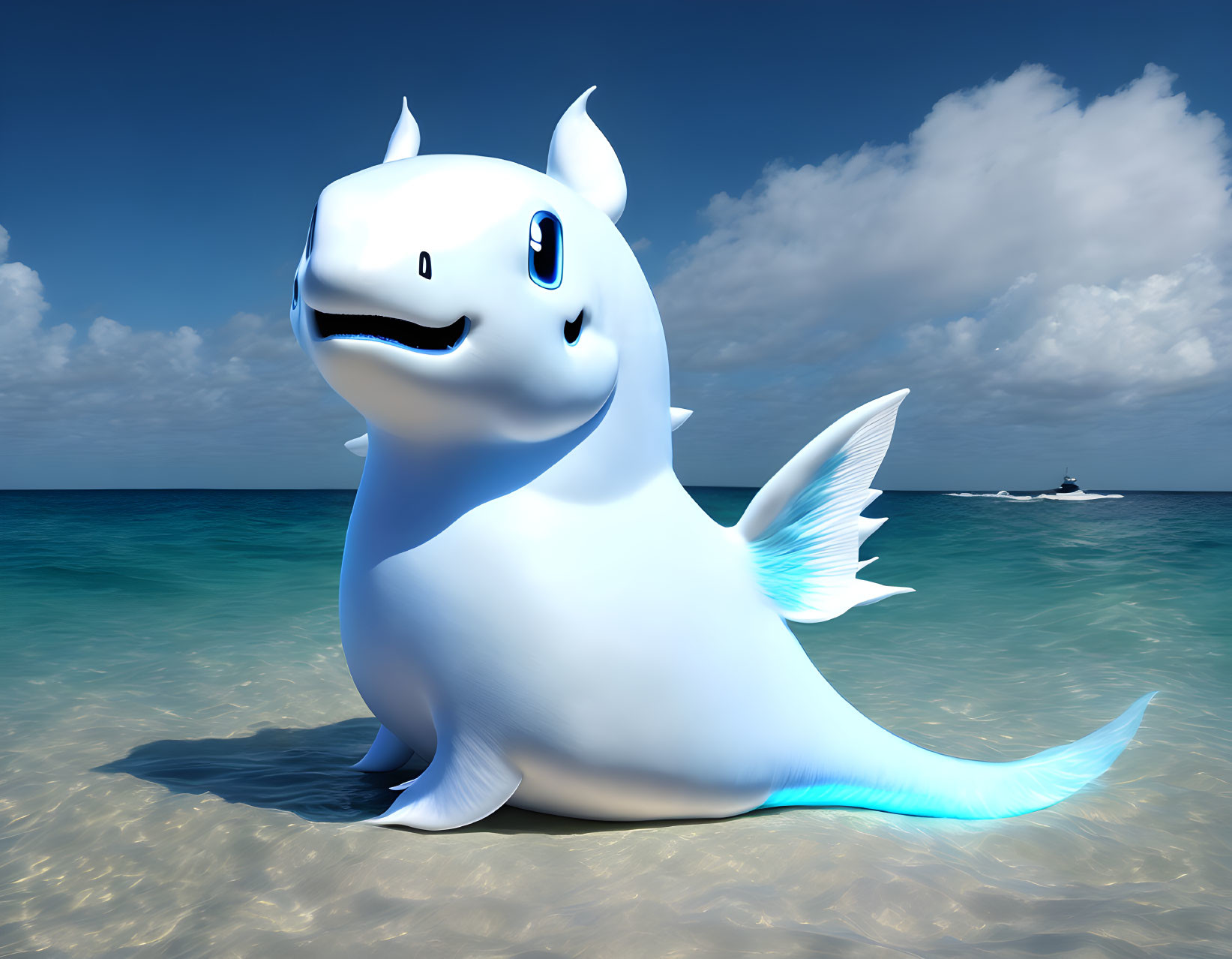 Cartoonish white shark character on sunny beach with boat in distance