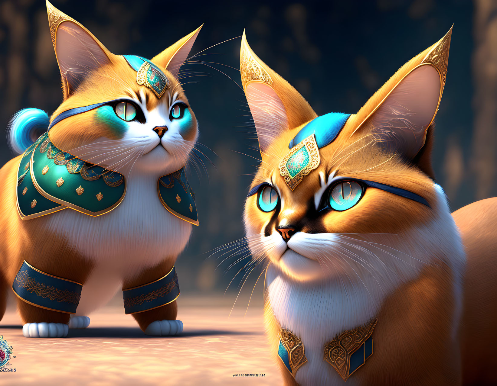 Ornate golden and turquoise armored cats in mystical forest