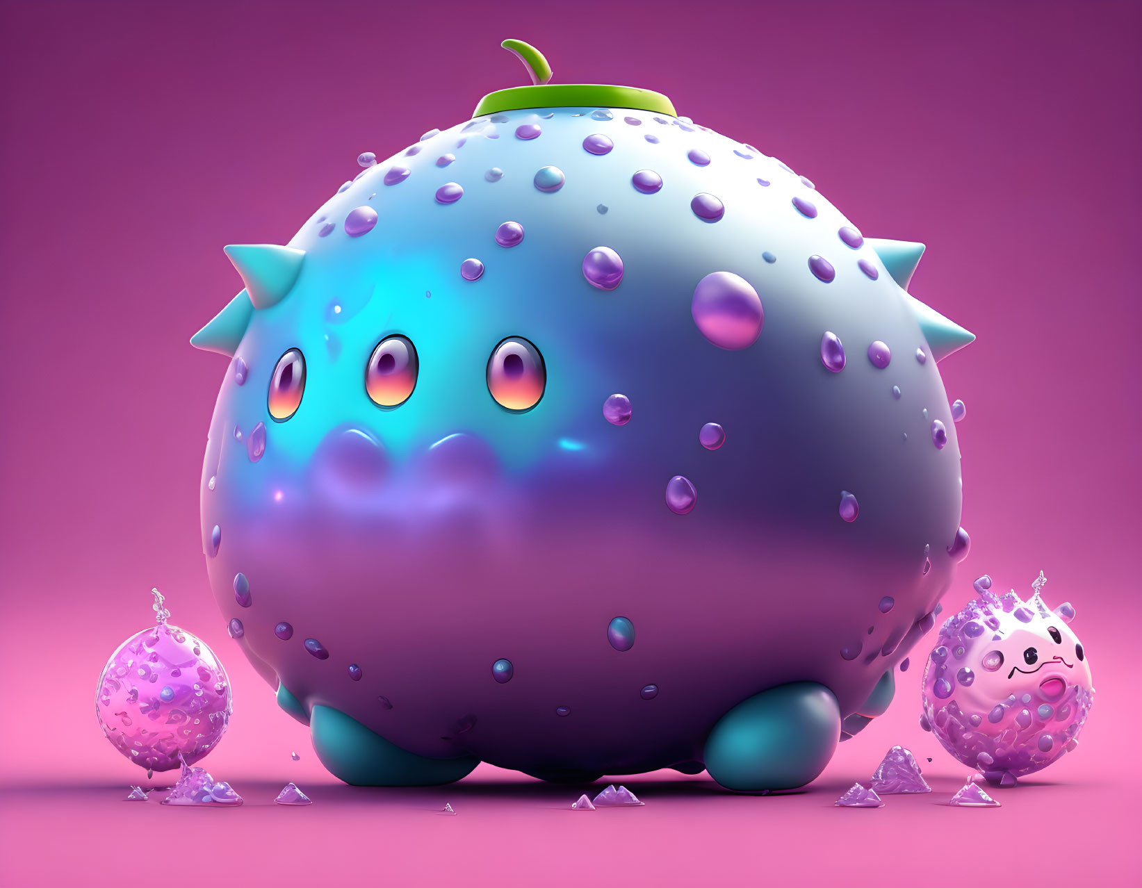 Colorful 3D illustration of smiling purple characters with spikes and water droplets on pink background