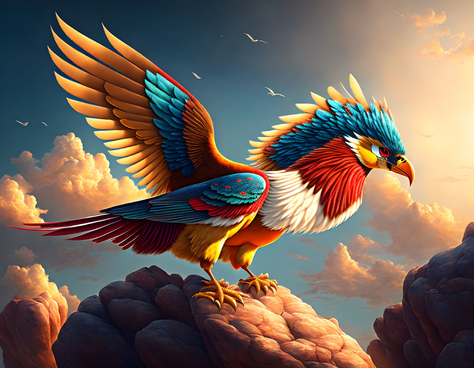 Majestic bird illustration with colorful feathers perched on rocky terrain