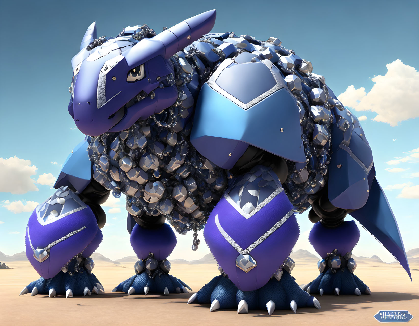 Blue dragon-like creature with crystal scales in desert setting