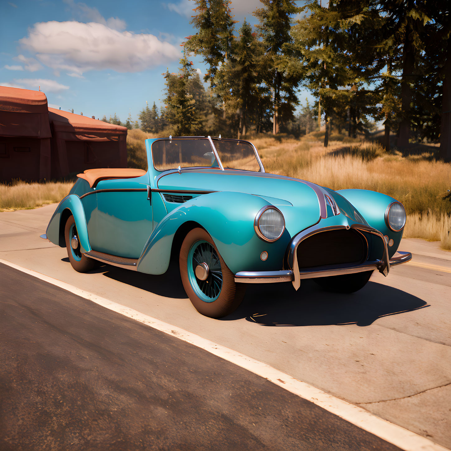 Vintage Turquoise Convertible with Cream Accents and White-Wall Tires on Asphalt Road