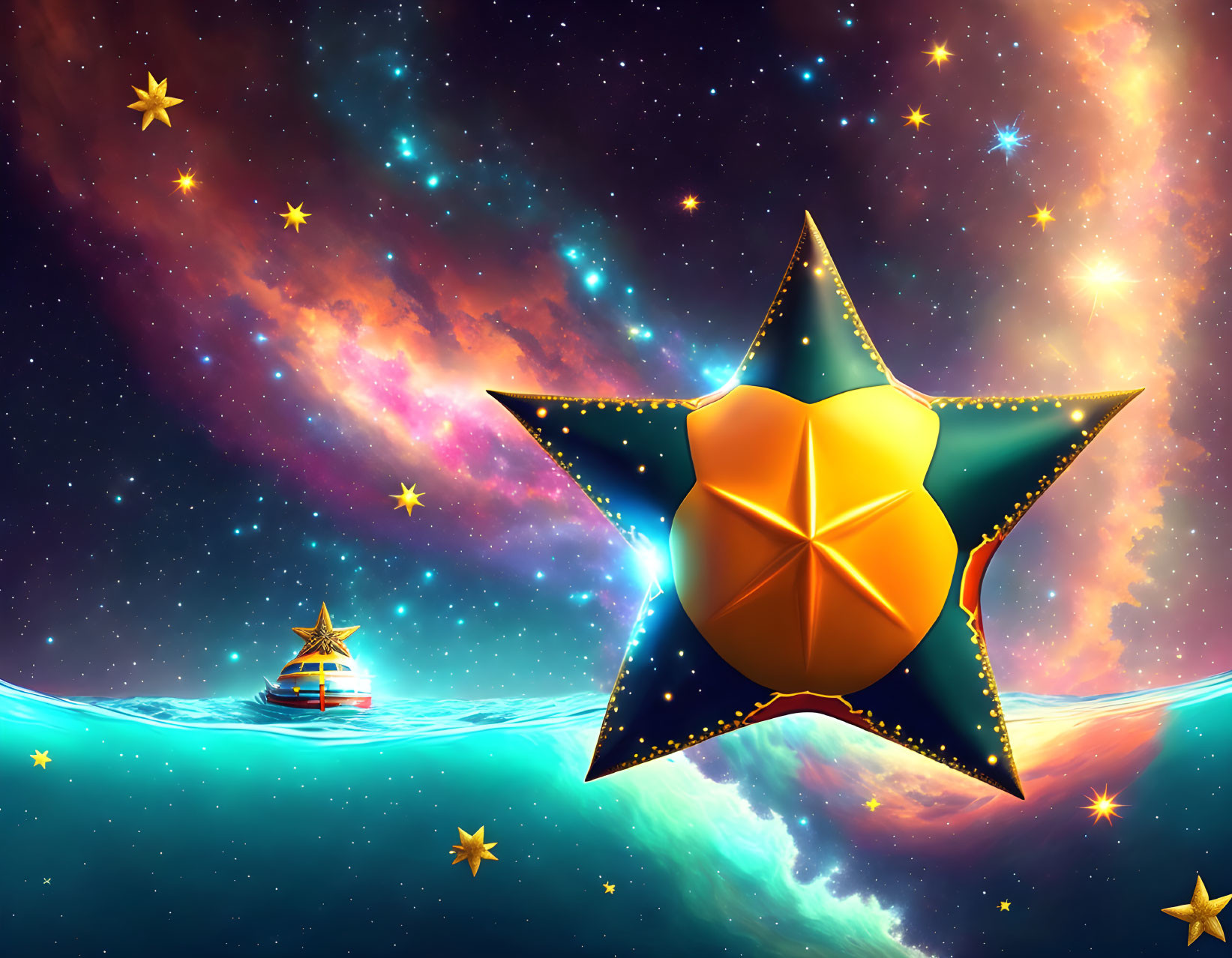 Colorful cosmic scene: golden star, smaller stars, glowing ocean, sailing ship