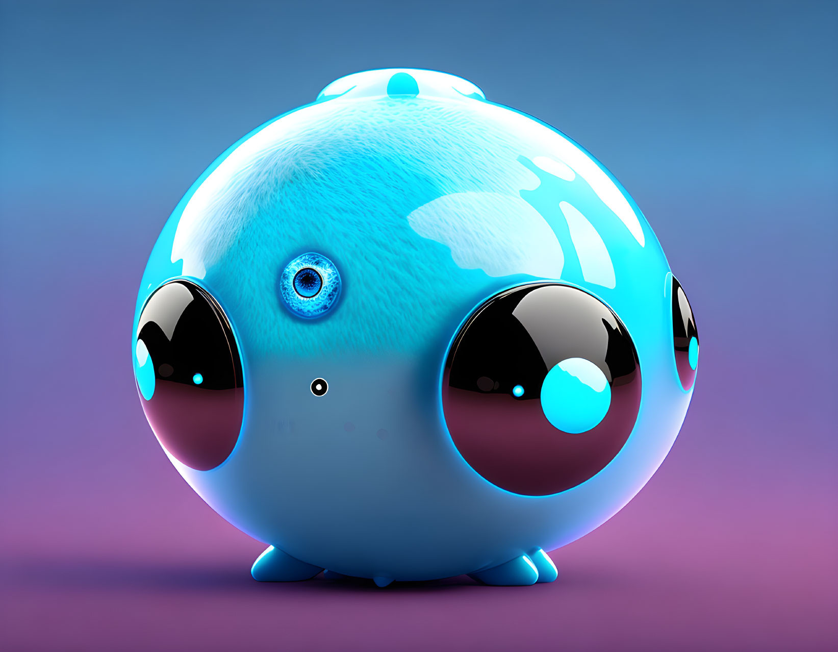 Blue spherical creature with glossy eyes, tiny feet, and a single horn on purple.