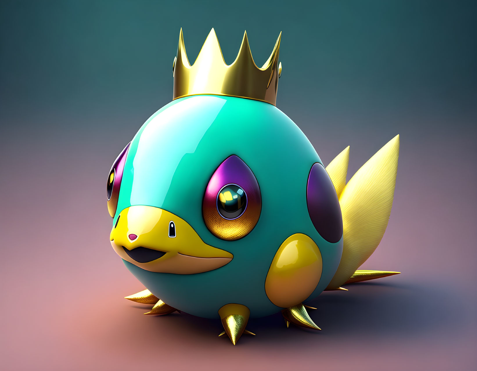 Colorful 3D illustration of a royal blue and yellow fish character with a golden crown and spikes