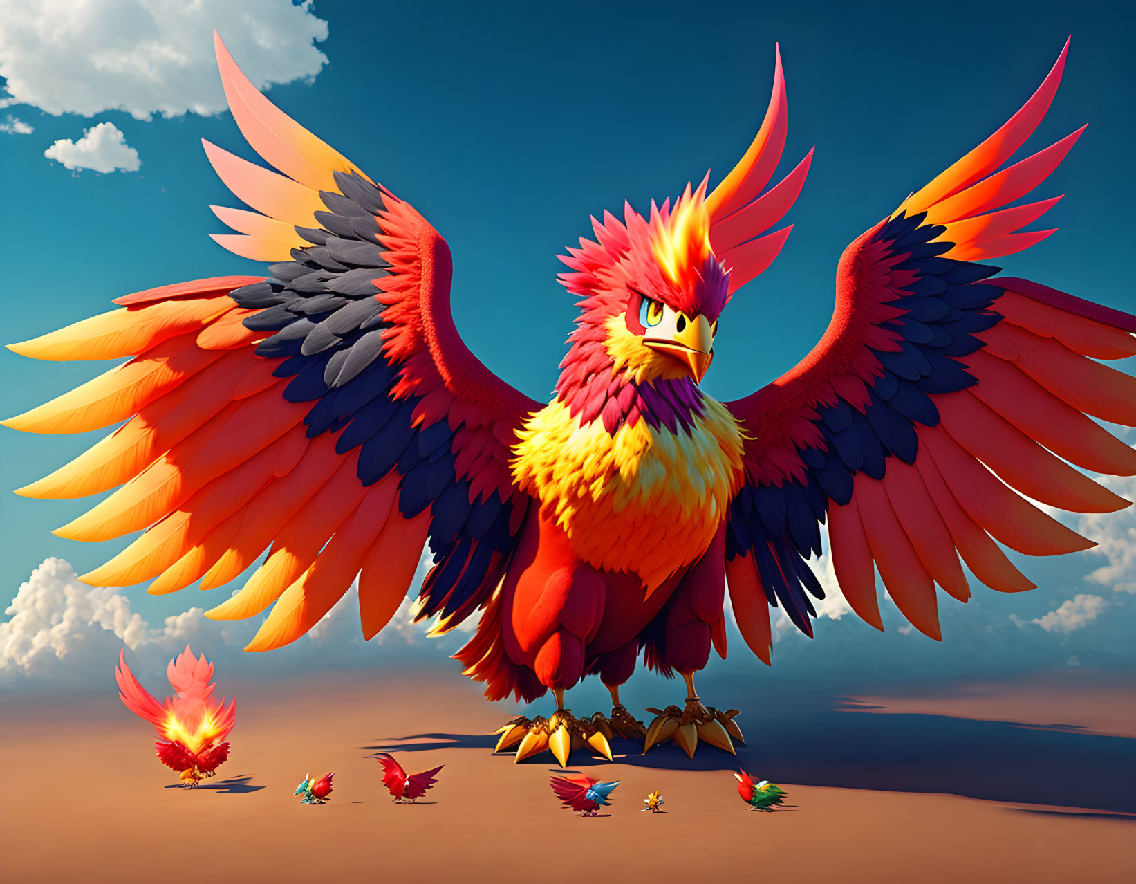 Colorful Phoenix with Fiery Wings in Blue Sky