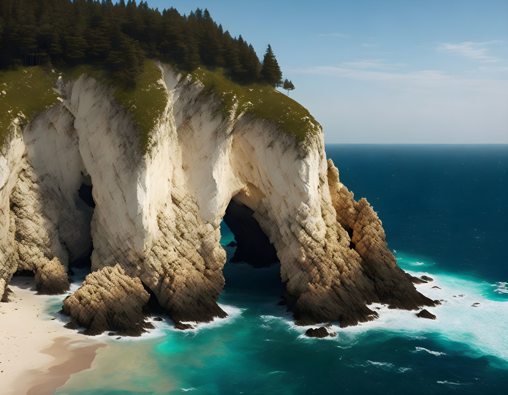 Scenic limestone cliff with natural arch, beach, sea, and trees